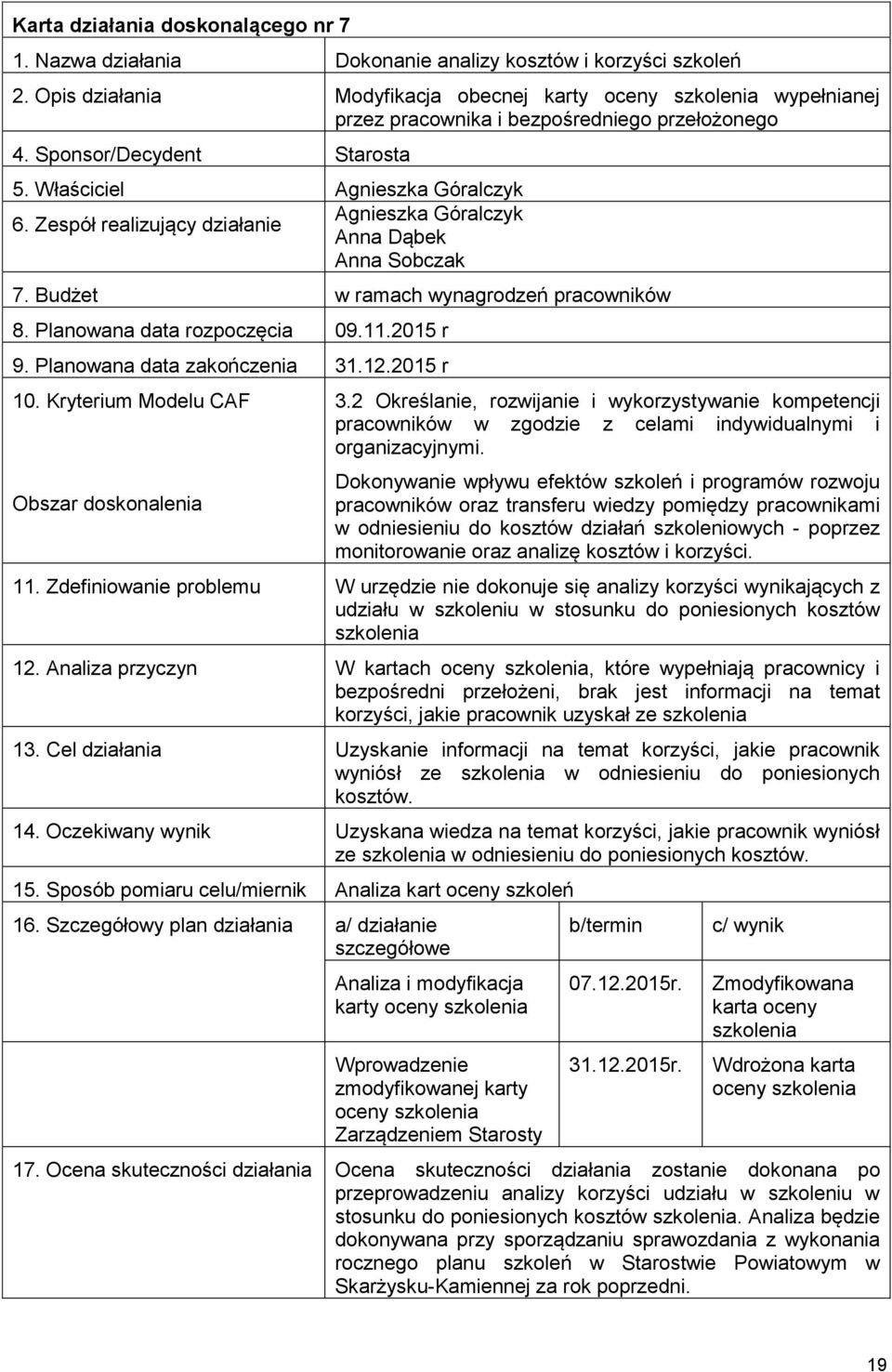 Zespół realizujący działanie Agnieszka Góralczyk Anna Dąbek Anna Sobczak 7. Budżet w ramach wynagrodzeń pracowników 8. Planowana data rozpoczęcia 09.11. r 9. Planowana data zakończenia 31.12. r 10.