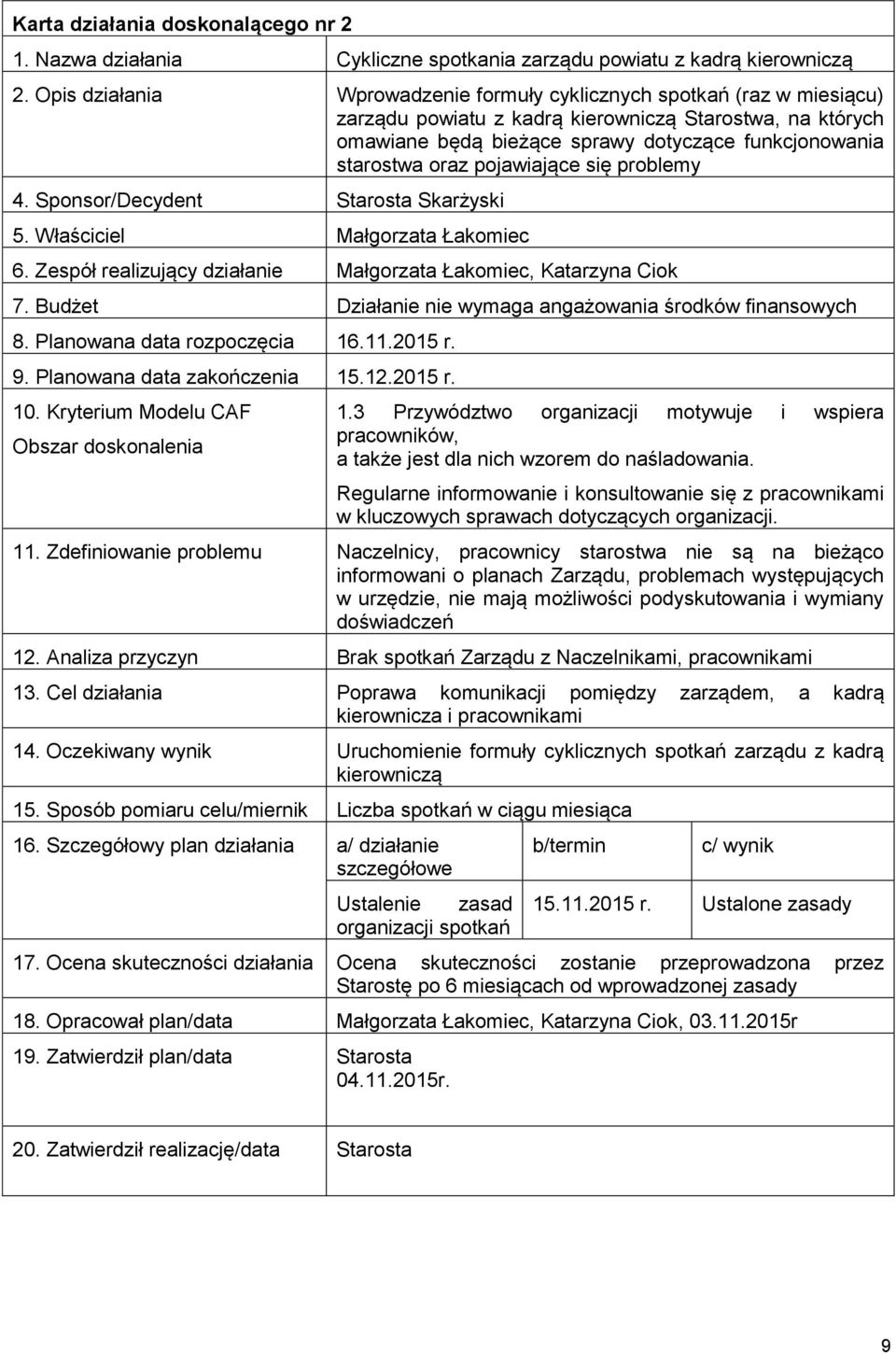 pojawiające się problemy 4. Sponsor/Decydent Starosta Skarżyski 5. Właściciel Małgorzata Łakomiec 6. Zespół realizujący działanie Małgorzata Łakomiec, Katarzyna Ciok 7.