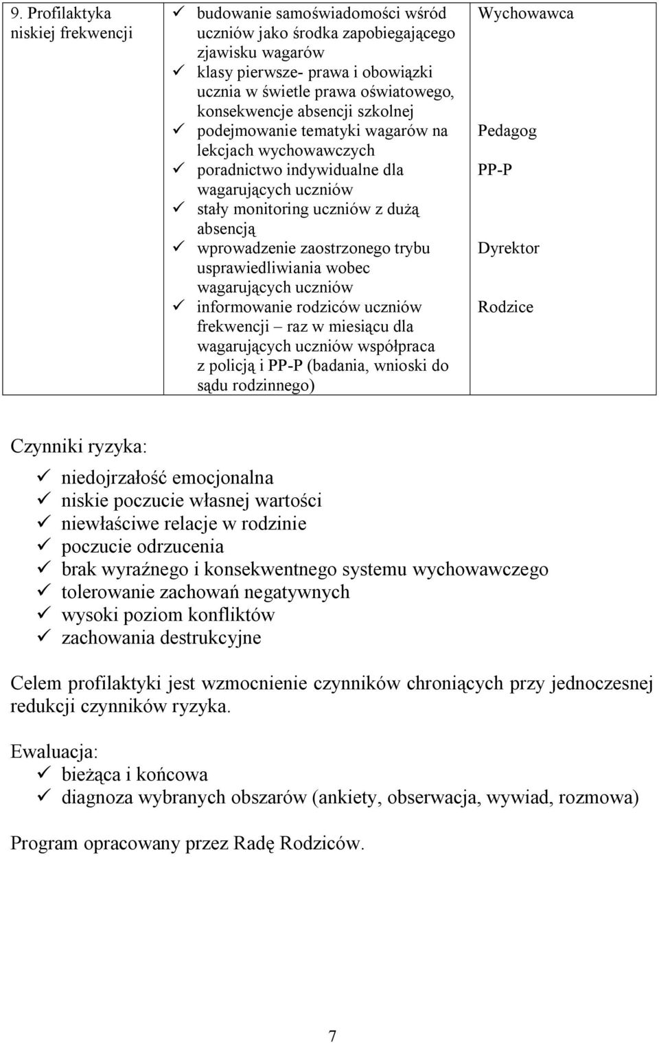 zaostrzonego trybu usprawiedliwiania wobec wagarujących uczniów ü informowanie rodziców uczniów frekwencji raz w miesiącu dla wagarujących uczniów współpraca z policją i PP-P (badania, wnioski do