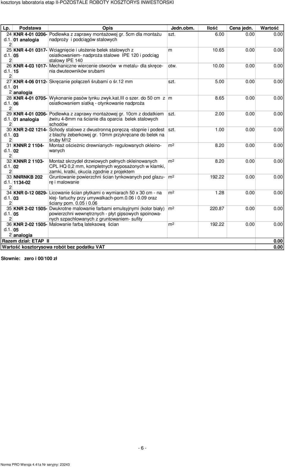 505-05 KNR -0 505-05 Wciągnięcie i ułoŝenie belek stalowych z osiatkowanie- nadproŝa stalowe IPE 0 i podciąg stalowy IPE 40 Mechaniczne wiercenie otworów w etalu- dla skręcenia dwuteowników srubai 0.