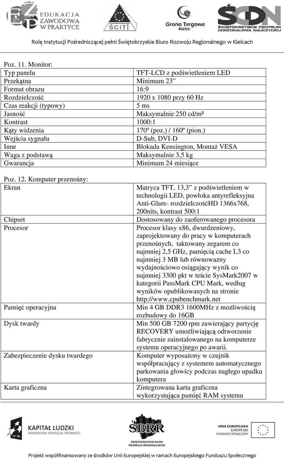 Kąty widzenia 170º (poz.) / 160º (pion.) Wejścia sygnału D-Sub, DVI-D Inne Blokada Kensington, Montaż VESA Waga z podstawą Maksymalnie 3,5 kg Minimum 24 miesiące Poz. 12.