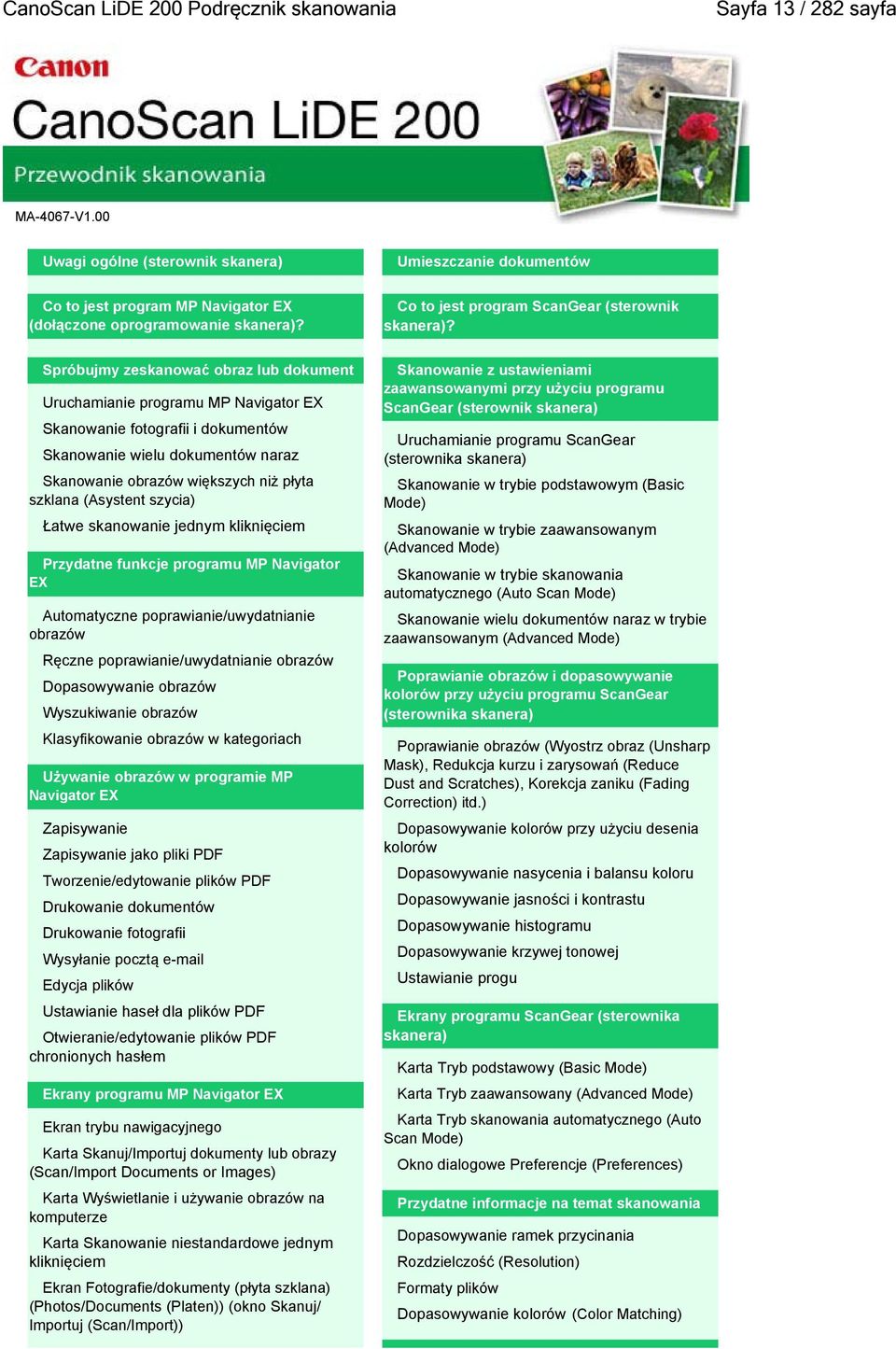 Spróbujmy zeskanować obraz lub dokument Uruchamianie programu MP Navigator EX Skanowanie fotografii i dokumentów Skanowanie wielu dokumentów naraz Skanowanie obrazów większych niż płyta szklana
