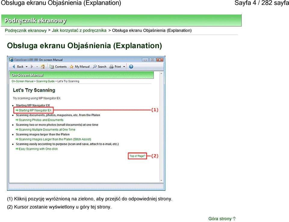 ekranu Objaśnienia (Explanation) (1) Kliknij pozycję wyróżnioną na zielono, aby