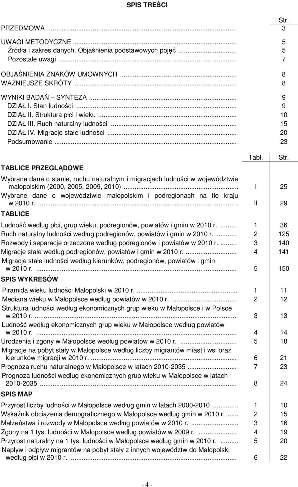 .. 23 TABLICE PRZEGLĄDOWE Tabl. Wybrane dane o stanie, ruchu naturalnym i migracjach ludności w województwie małopolskim (2000, 2005, 2009, 2010).