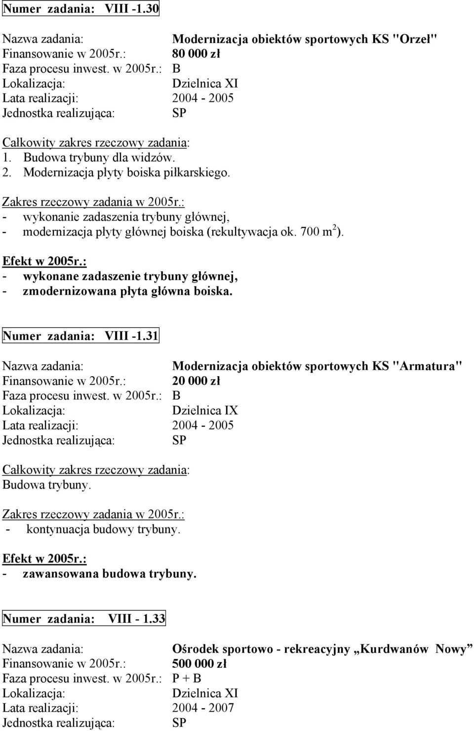 - wykonane zadaszenie trybuny głównej, - zmodernizowana płyta główna boiska. Numer zadania: VIII -1.