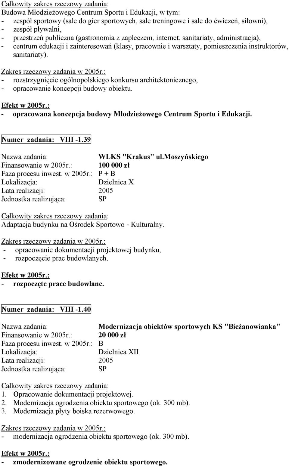 - rozstrzygnięcie ogólnopolskiego konkursu architektonicznego, - opracowanie koncepcji budowy obiektu. - opracowana koncepcja budowy Młodzieżowego Centrum Sportu i Edukacji. Numer zadania: VIII -1.