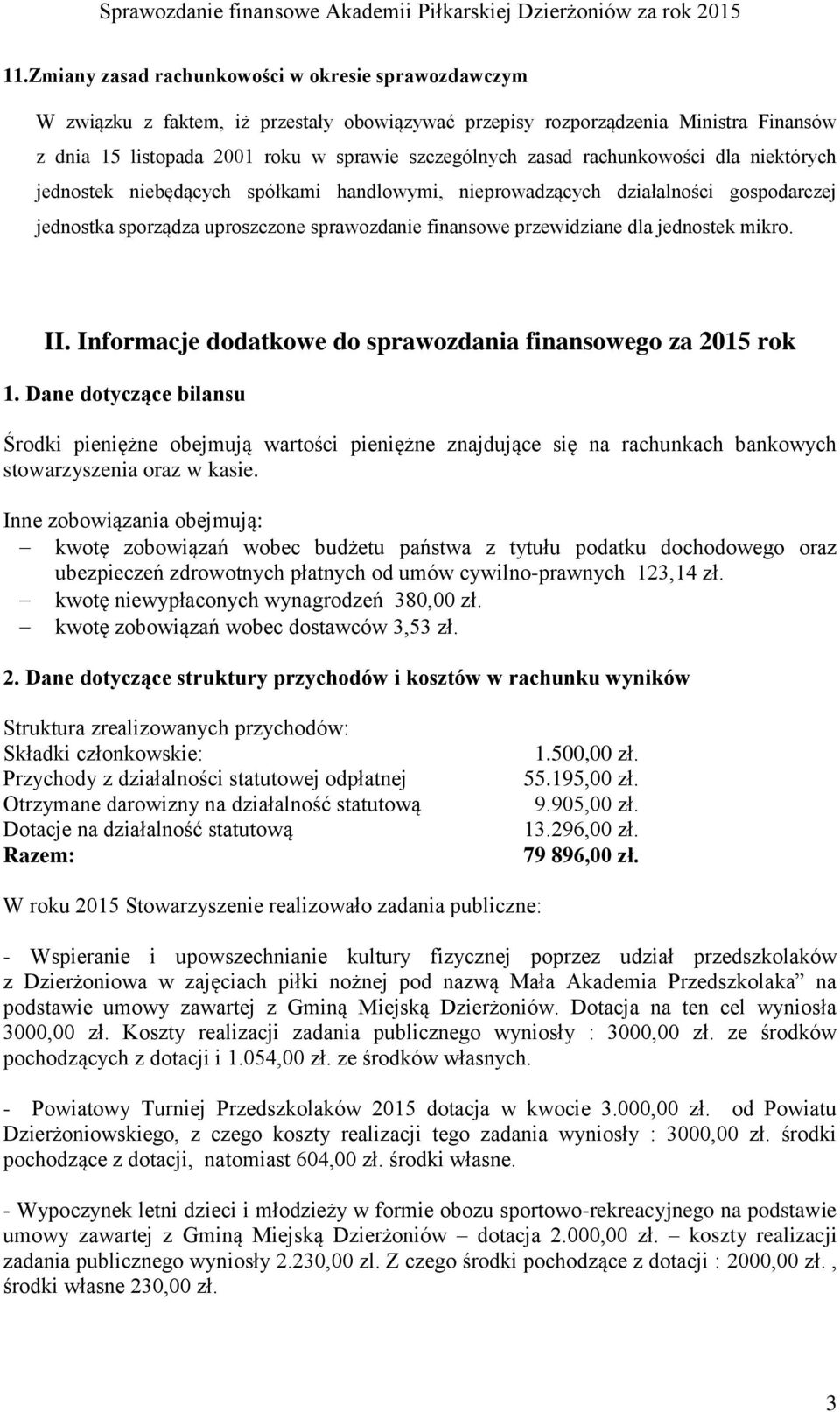 jednostek mikro. II. Informacje dodatkowe do sprawozdania finansowego za 2015 rok 1.