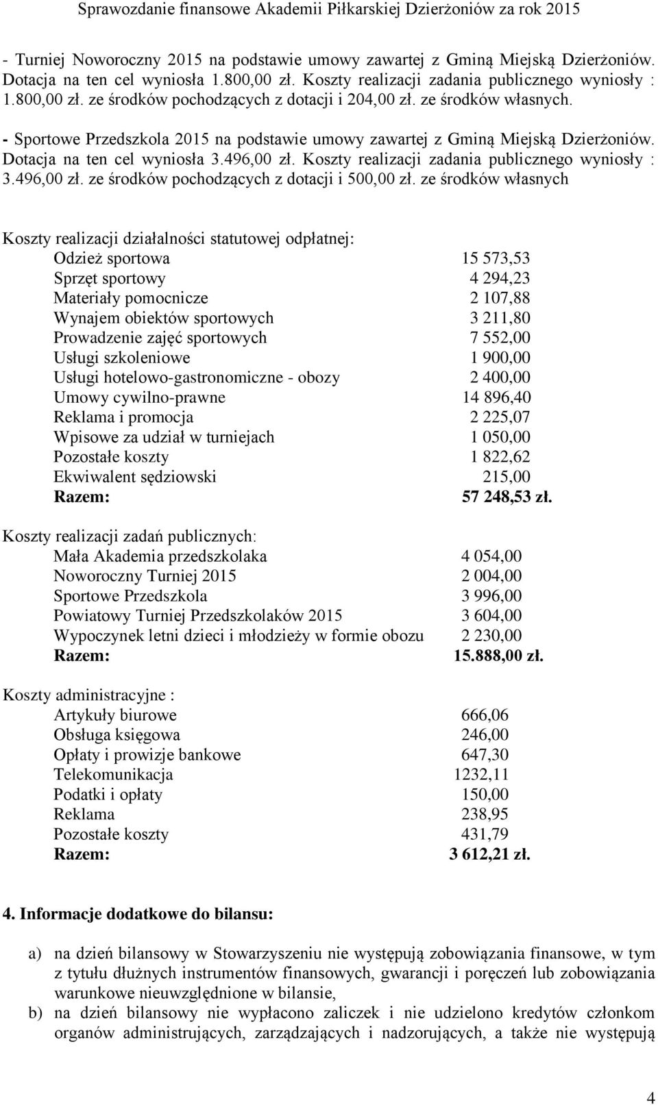 496,00 zł. ze środków pochodzących z dotacji i 500,00 zł.