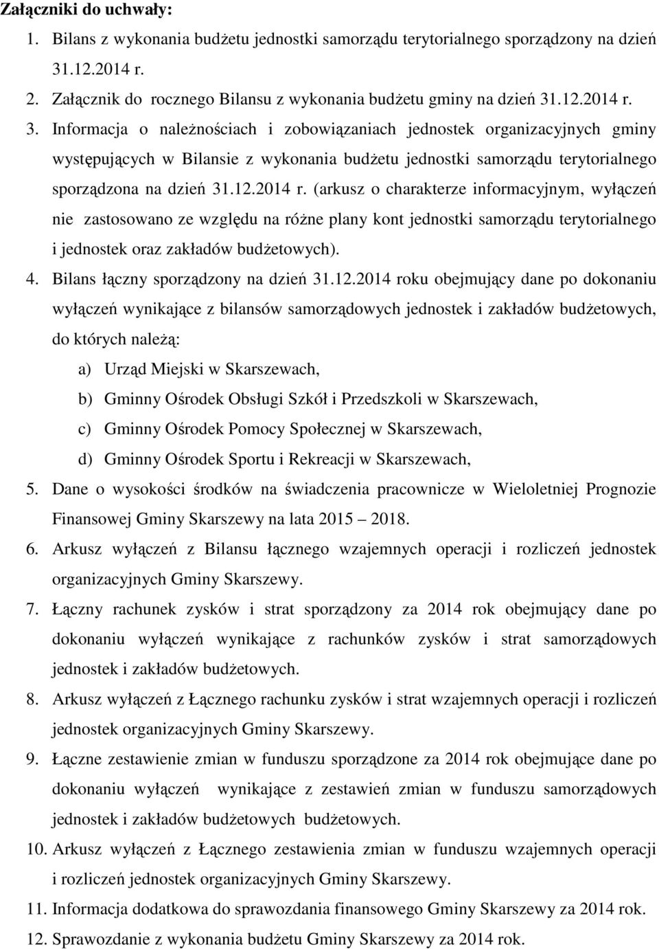 .12.2014 r. 3. Informacja o naleŝnościach i zobowiązaniach jednostek organizacyjnych gminy występujących w Bilansie z wykonania budŝetu jednostki samorządu terytorialnego sporządzona na dzień 31.12.2014 r. (arkusz o charakterze informacyjnym, wyłączeń nie zastosowano ze względu na róŝne plany kont jednostki samorządu terytorialnego i jednostek oraz zakładów budŝetowych).