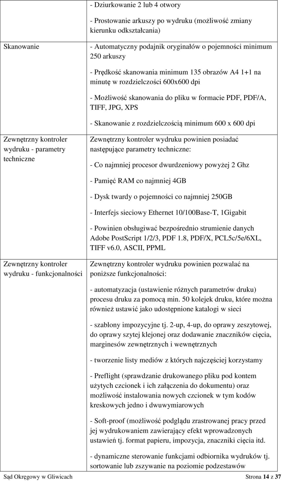 Zewnętrzny kontroler wydruku - parametry techniczne Zewnętrzny kontroler wydruku powinien posiadać następujące parametry techniczne: - Co najmniej procesor dwurdzeniowy powyżej 2 Ghz - Pamięć RAM co