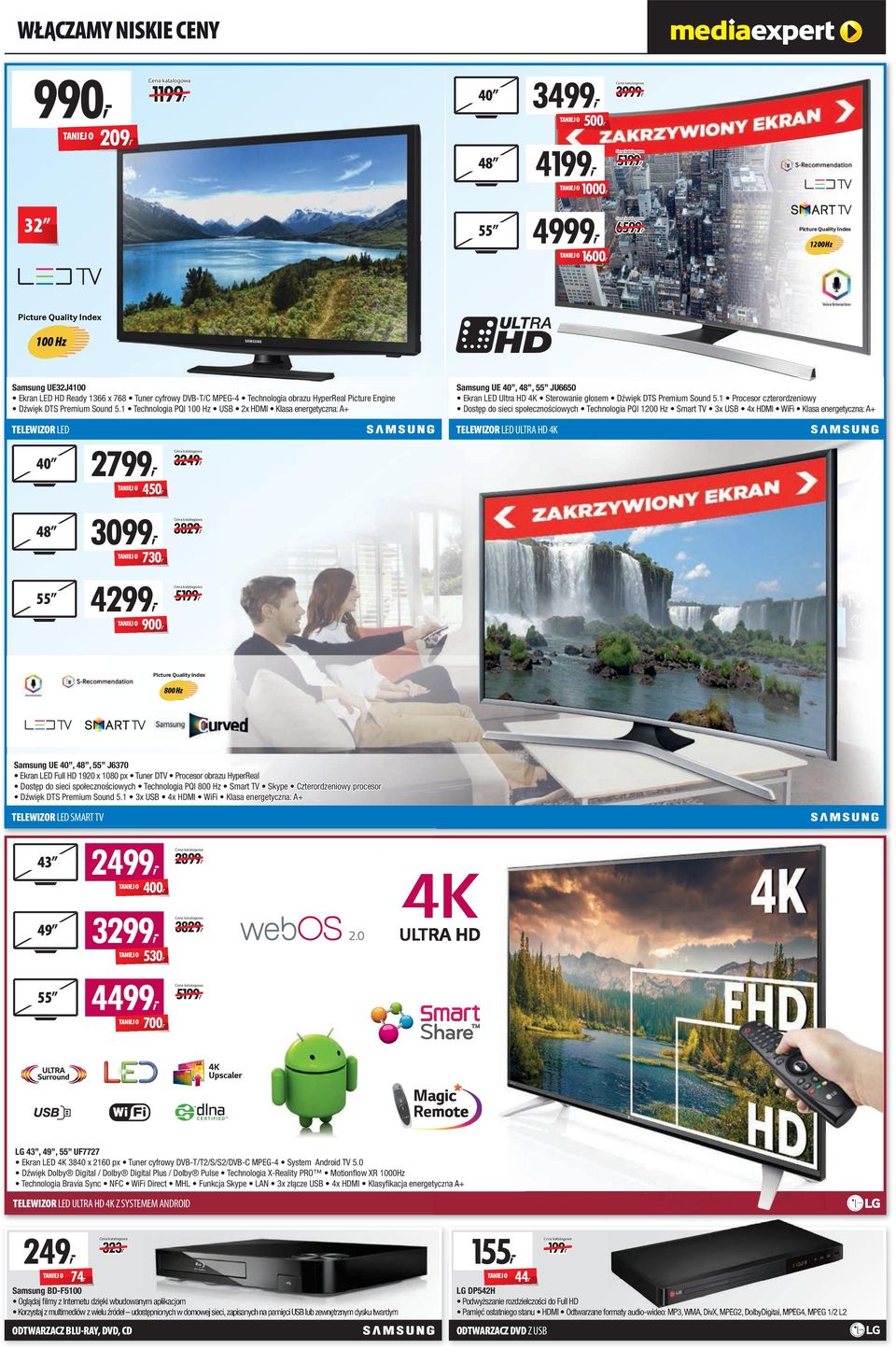 1 Technologia PQI 100 Hz USB 2x HDMI Klasa energetyczna: Samsung UE 40, 48, 55 JU6650 Ekran LED Ultra HD 4K Sterowanie głosem Dźwięk DTS Premium Sound 5.