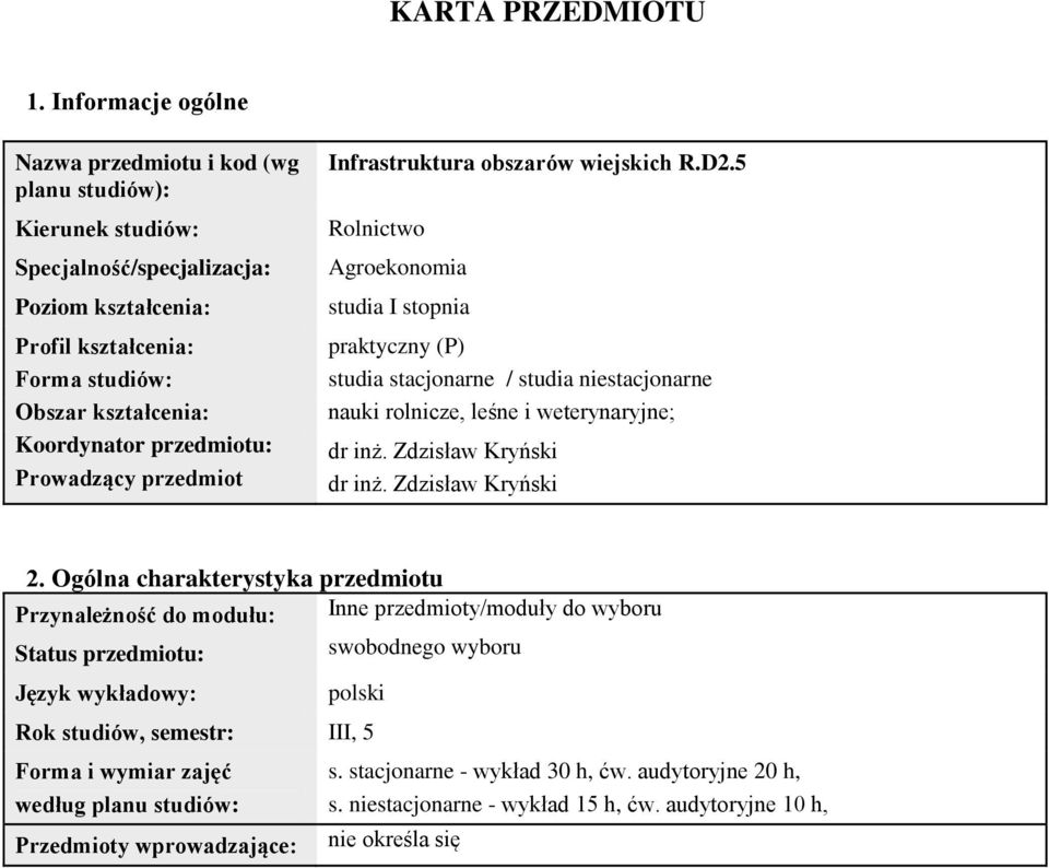 przedmiotu: Prowadzący przedmiot Infrastruktura obszarów wiejskich R.D.