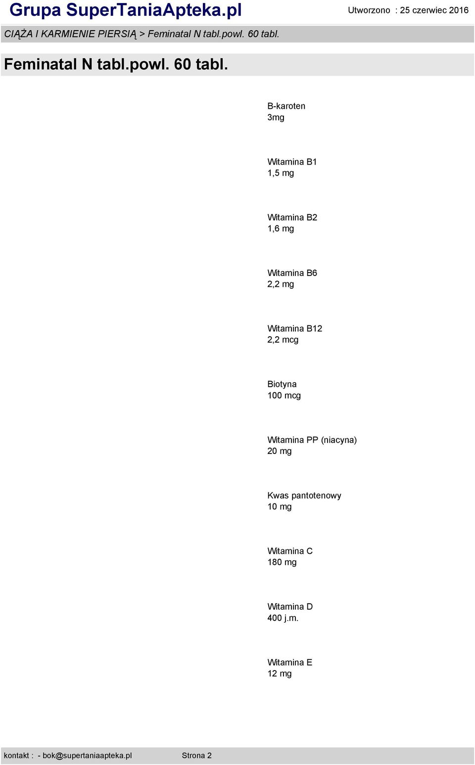 Witamina PP (niacyna) 20 mg Kwas pantotenowy 10 mg Witamina C 180 mg