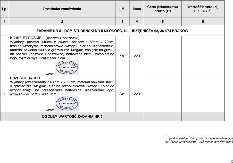 do uzgodnienia)*, materiał bawełna 100% o gramaturze 145g/m 2, zapięcie na guziki, na pościeli (poszwie i poszewce) haftowane nićmi, niespieralne logo, rozmiar wys.