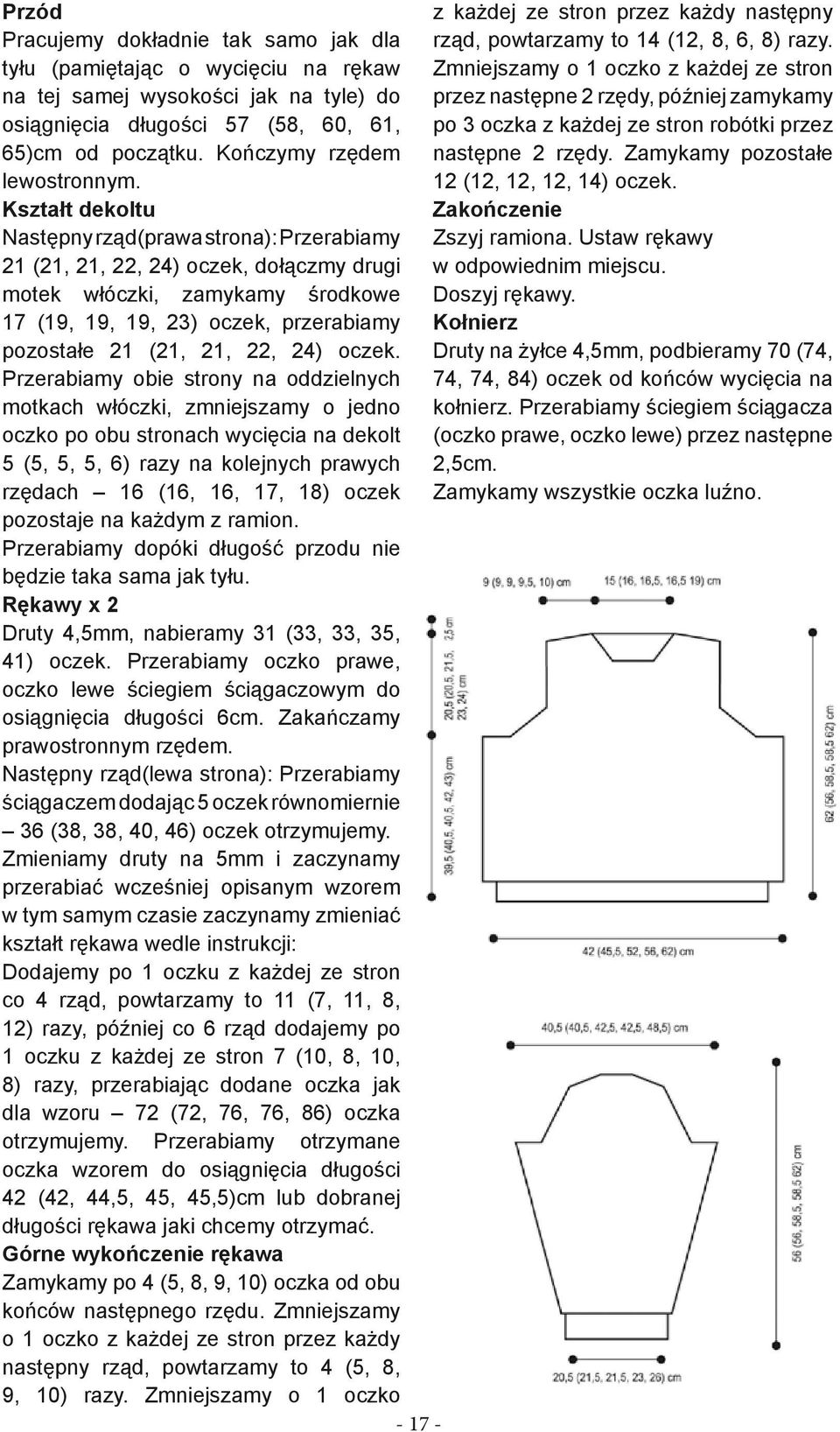 Kształt dekoltu Następny rząd(prawa strona): Przerabiamy 21 (21, 21, 22, 24) oczek, dołączmy drugi motek włóczki, zamykamy środkowe 17 (19, 19, 19, 23) oczek, przerabiamy pozostałe 21 (21, 21, 22,