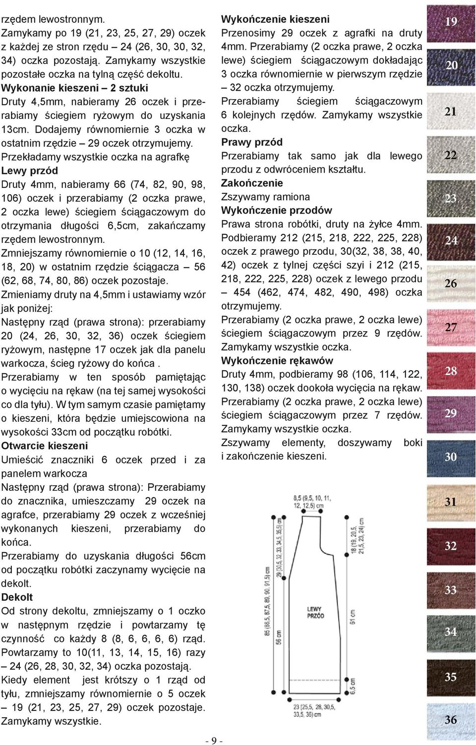 Przekładamy wszystkie oczka na agrafkę Lewy przód Druty 4mm, nabieramy 66 (74, 82, 90, 98, 106) oczek i przerabiamy (2 oczka prawe, 2 oczka lewe) ściegiem ściągaczowym do otrzymania długości 6,5cm,