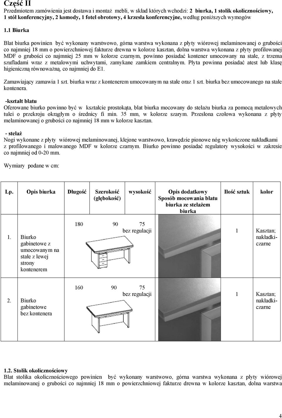 1 Biurka Blat biurka powinien być wykonany warstwowo, górna warstwa wykonana z płyty wiórowej melaminowanej o grubości co najmniej 18 mm o powierzchniowej fakturze drewna w ze kasztan, dolna warstwa