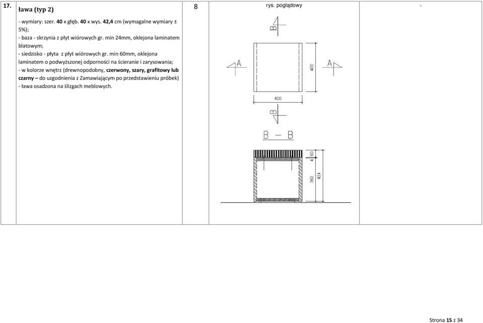 min 24mm, oklejona laminatem blatowym; - siedzisko - płyta z płyt wiórowych gr.