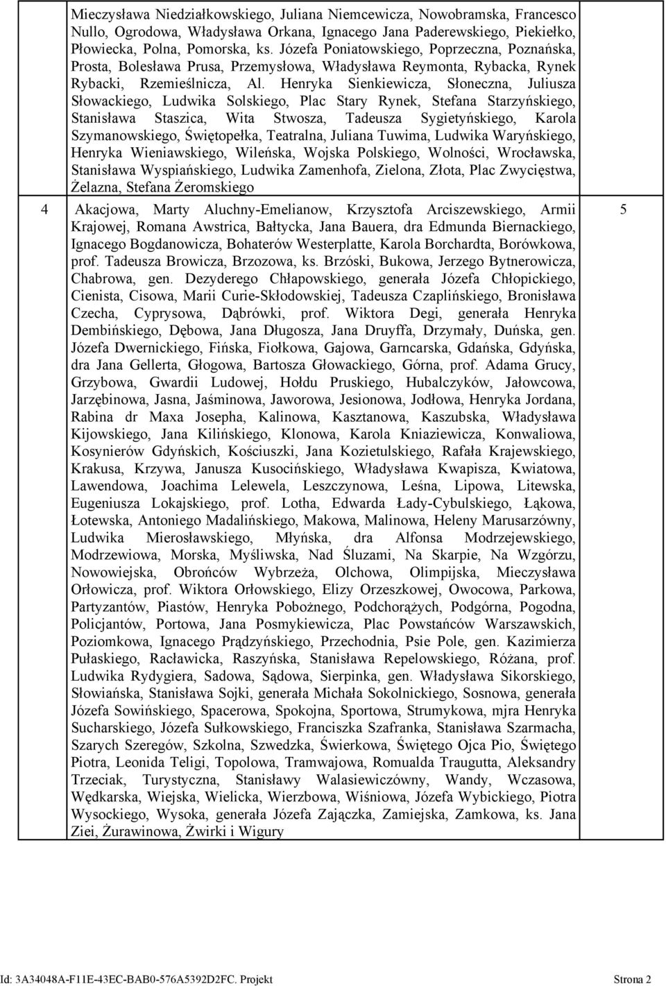 Henryka Sienkiewicza, Słoneczna, Juliusza Słowackiego, Ludwika Solskiego, Plac Stary Rynek, Stefana Starzyńskiego, Stanisława Staszica, Wita Stwosza, Tadeusza Sygietyńskiego, Karola Szymanowskiego,