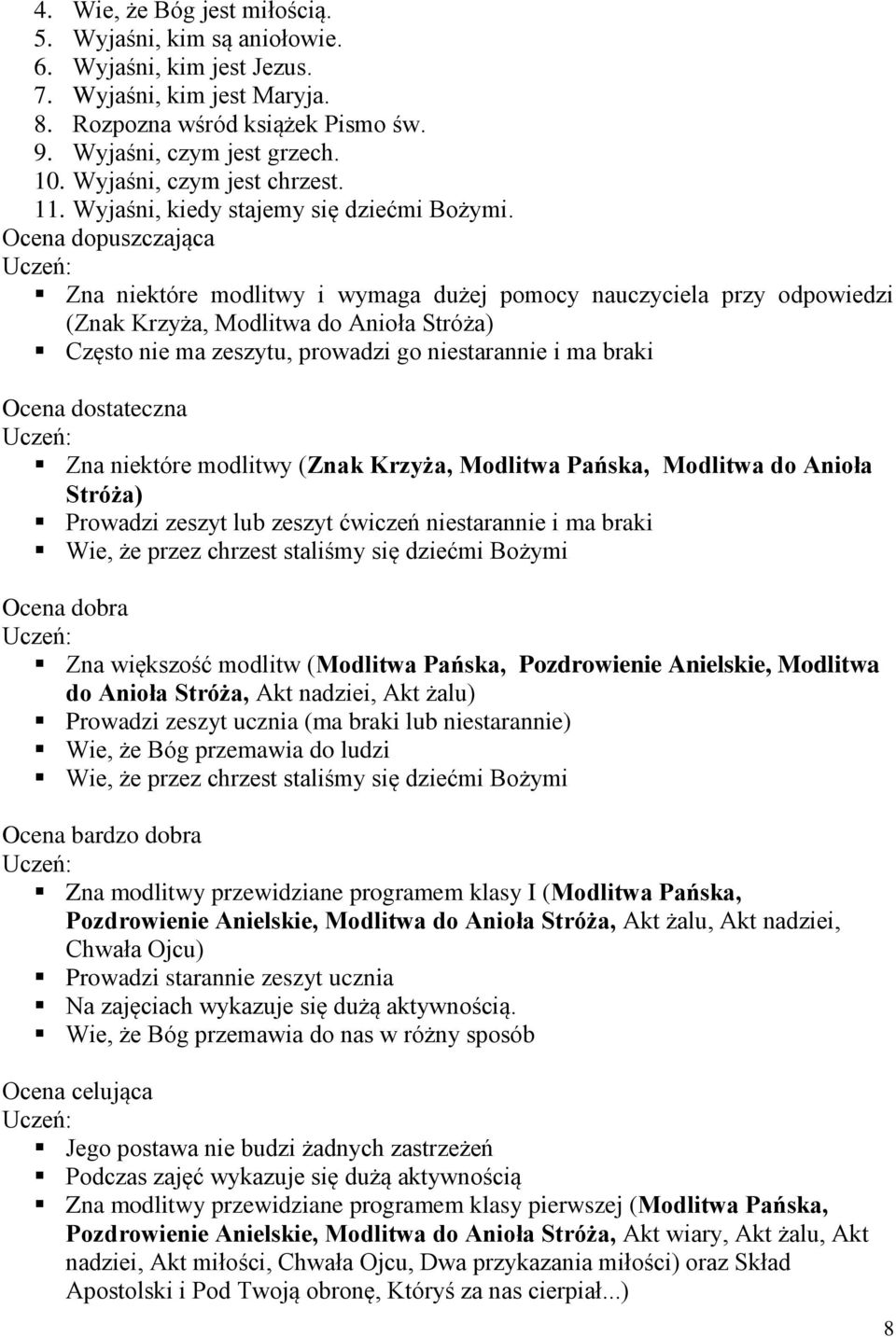 Ocena dopuszczająca Zna niektóre modlitwy i wymaga dużej pomocy nauczyciela przy odpowiedzi (Znak Krzyża, Modlitwa do Anioła Stróża) Często nie ma zeszytu, prowadzi go niestarannie i ma braki Ocena