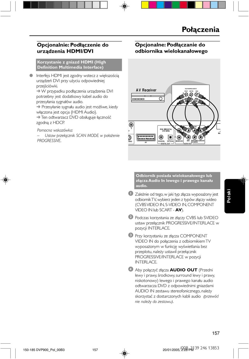Przesyłanie sygnału audio jest możliwe, kiedy włączona jest opcja {HDMI Audio}. Ten odtwarzacz DVD obsługuje łączność zgodną z HDCP. AV eceiver MUTICHANNE AUDIO FONT FONT CENTE SUBW.