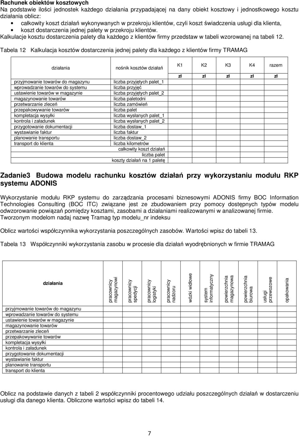 Tabela 12 Kalkulacja kosztów dostarczenia jednej y dla każdego z klientów firmy TRAMAG nośnik kosztów działań liczba przyjętych _1 liczba przyjęć liczba przyjętych _2 odni liczba zamówień liczba