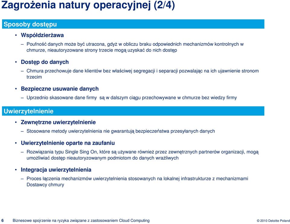 dane firmy s w dalszym cigu przechowywane w chmurze bez wiedzy firmy Uwierzytelnienie Zewntrzne uwierzytelnienie Stosowane metody uwierzytelnienia nie gwarantuj bezpieczestwa przesyłanych danych