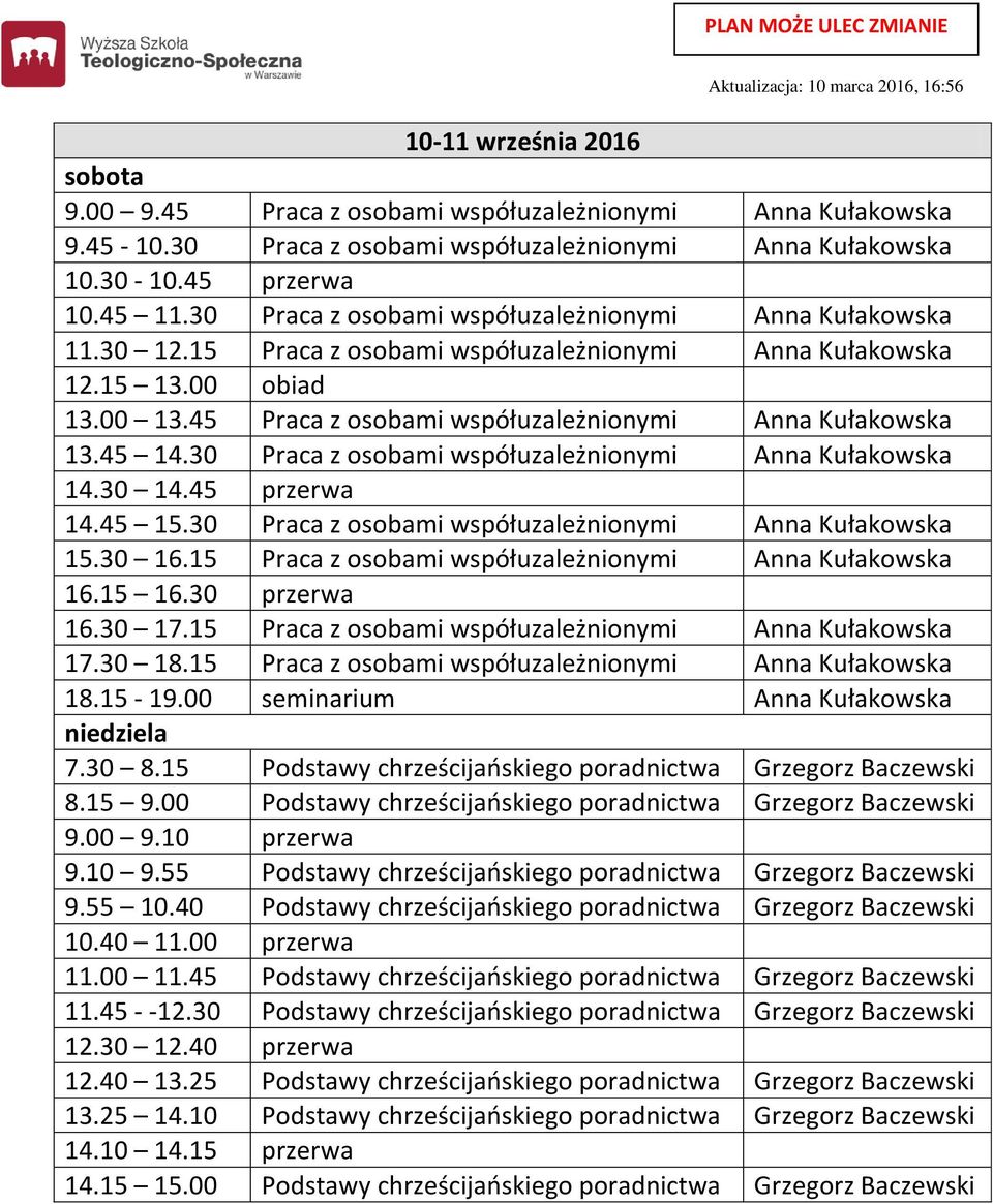 30 Praca z osobami współuzależnionymi Anna Kułakowska 14.45 15.30 Praca z osobami współuzależnionymi Anna Kułakowska 15.30 16.15 Praca z osobami współuzależnionymi Anna Kułakowska 16.30 17.