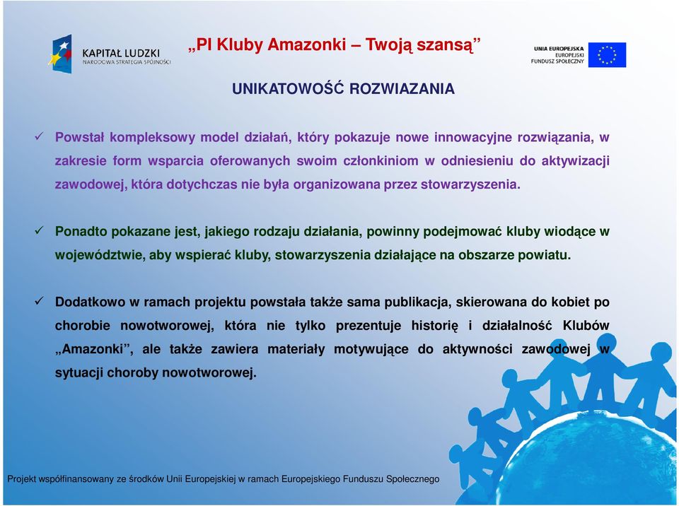 Ponadto pokazane jest, jakiego rodzaju działania, powinny podejmować kluby wiodące w województwie, aby wspierać kluby, stowarzyszenia działające na obszarze powiatu.