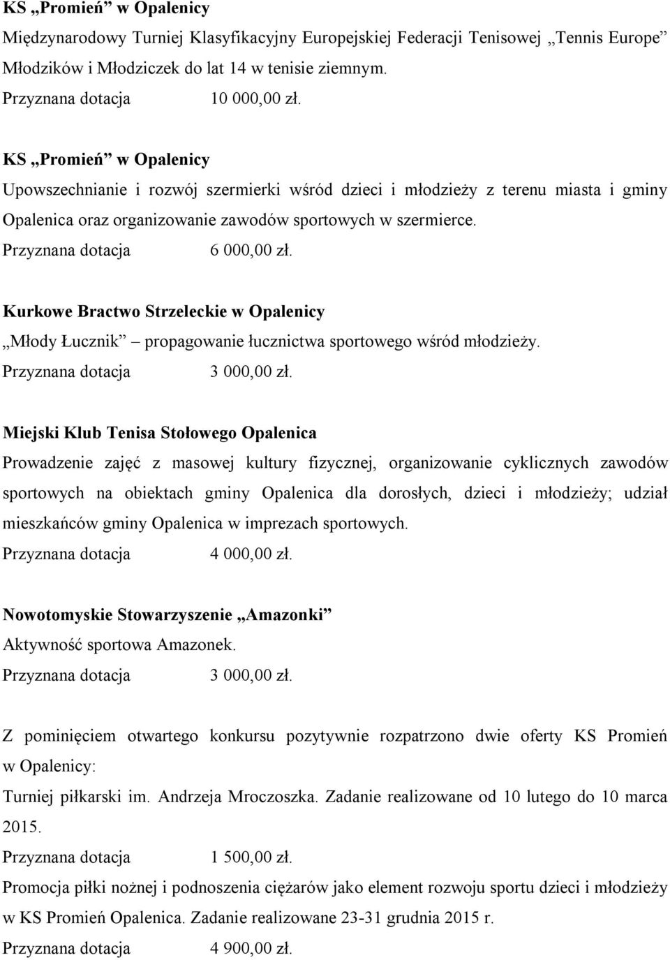 Kurkowe Bractwo Strzeleckie w Opalenicy Młody Łucznik propagowanie łucznictwa sportowego wśród młodzieży. Przyznana dotacja 3 000,00 zł.