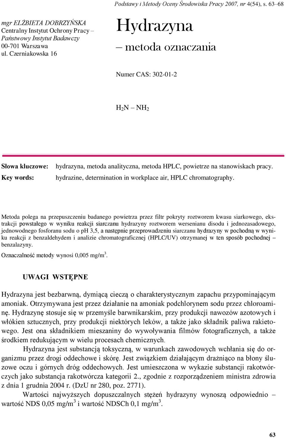 hydrazine, determination in workplace air, HPLC chromatography.