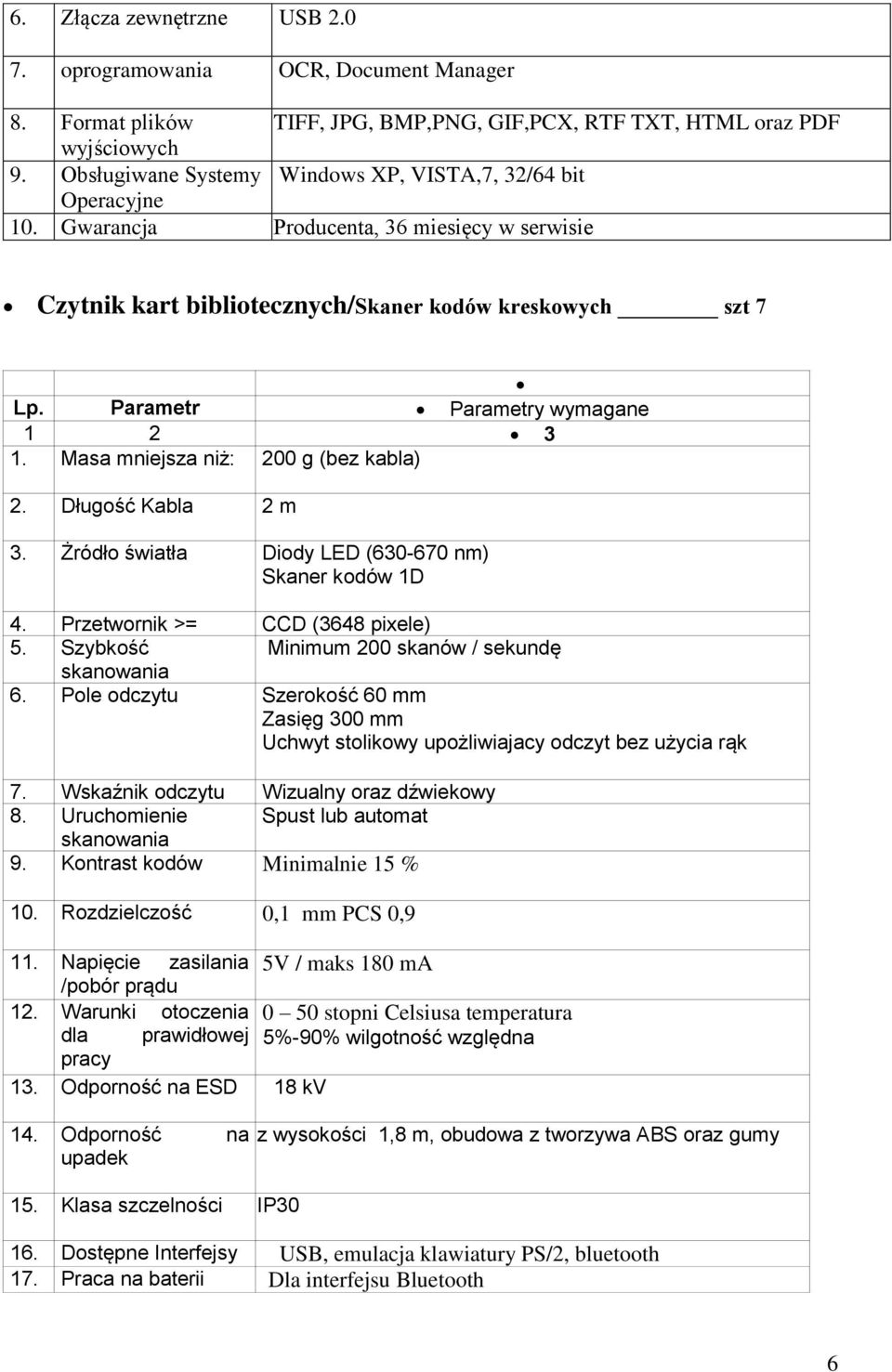 Długość Kabla 2 m 3. Żródło światła Diody LED (630-670 nm) Skaner kodów 1D 4. Przetwornik >= CCD (3648 pixele) 5. Szybkość Minimum 200 skanów / sekundę skanowania 6.