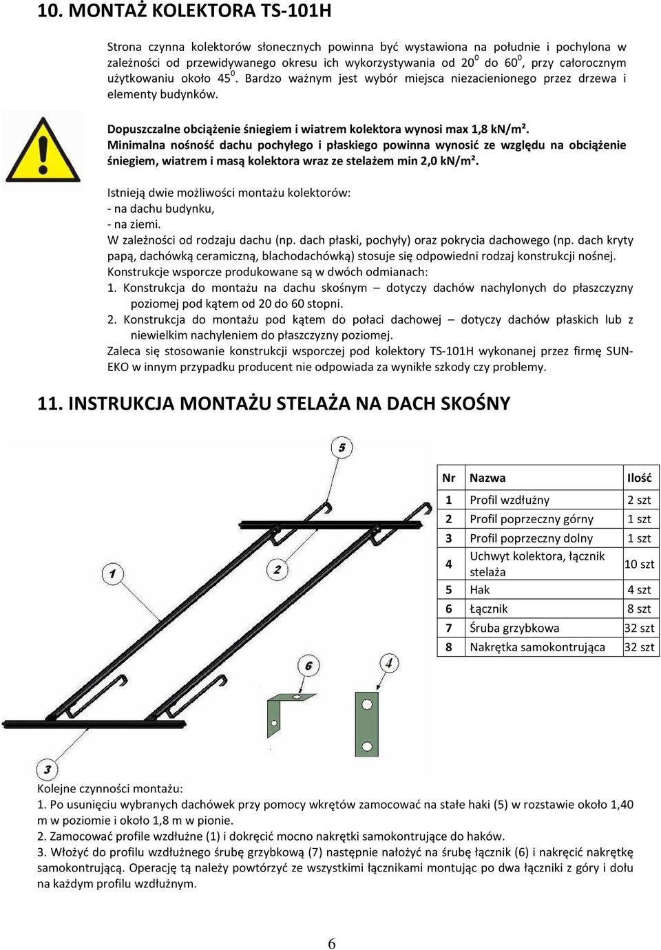 Minimalna nośność dachu pochyłego i płaskiego powinna wynosić ze względu na obciążenie śniegiem, wiatrem i masą kolektora wraz ze stelażem min 2,0 kn/m².