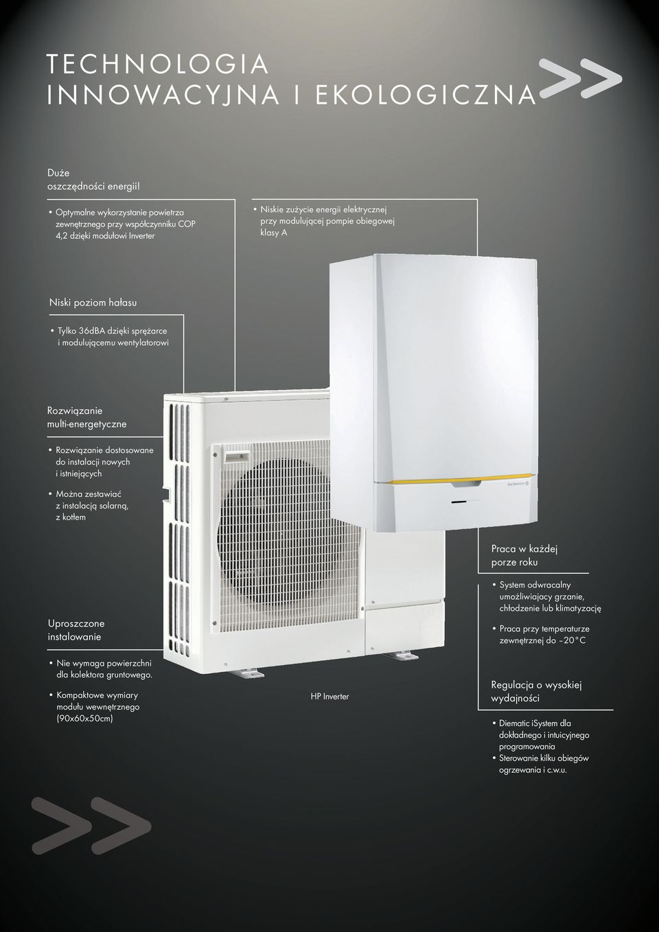 Tylko 36dBA dzięki sprężarce i modulującemu wentylatorowi Rozwiązanie multi-energetyczne Rozwiązanie dostosowane do instalacji nowych i istniejących Można zestawiać z instalacją solarną, z kotłem
