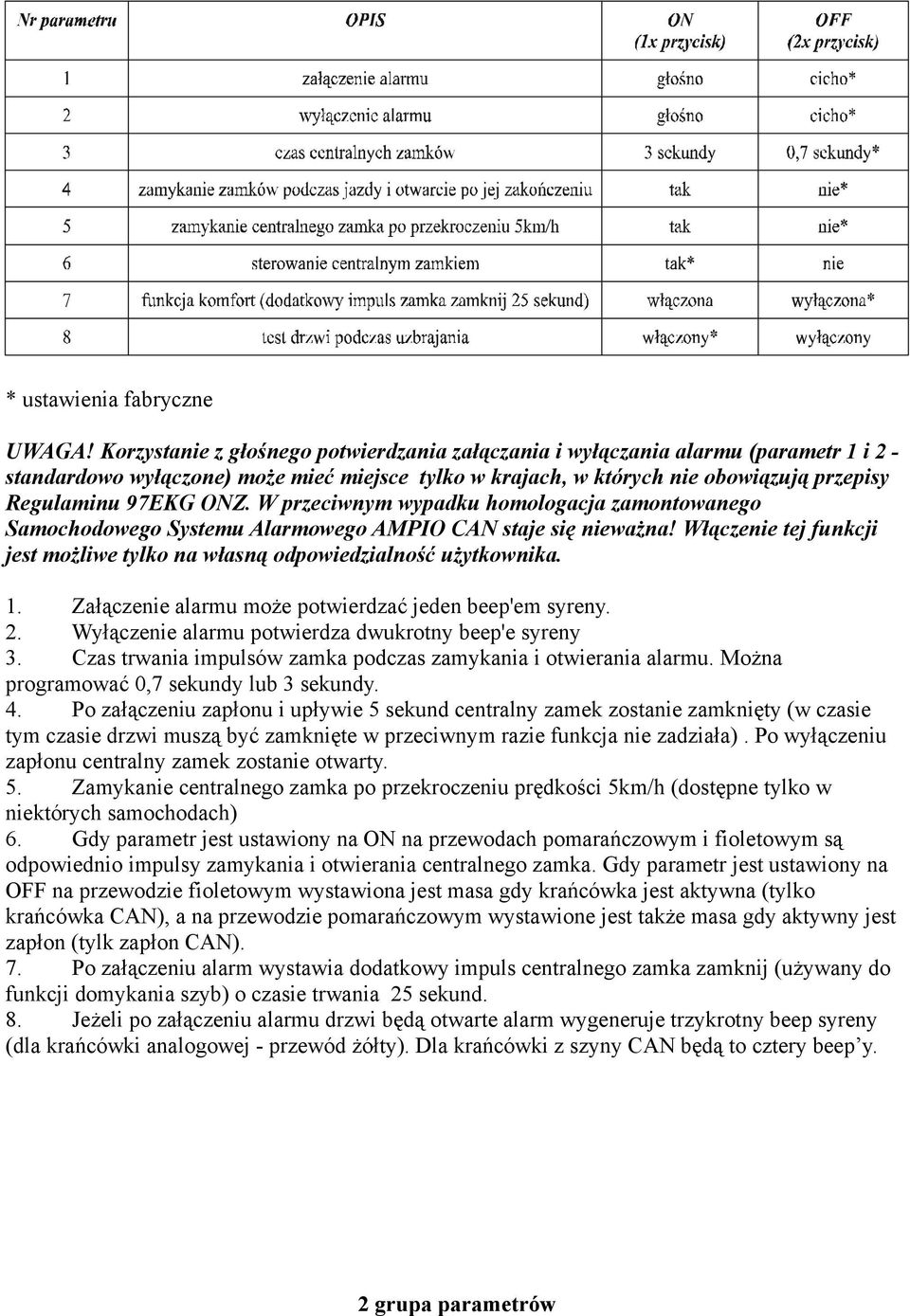 W przeciwnym wypadku homologacja zamontowanego Samochodowego Systemu Alarmowego AMPIO CAN staje się nieważna! Włączenie tej funkcji jest możliwe tylko na własną odpowiedzialność użytkownika. 1.