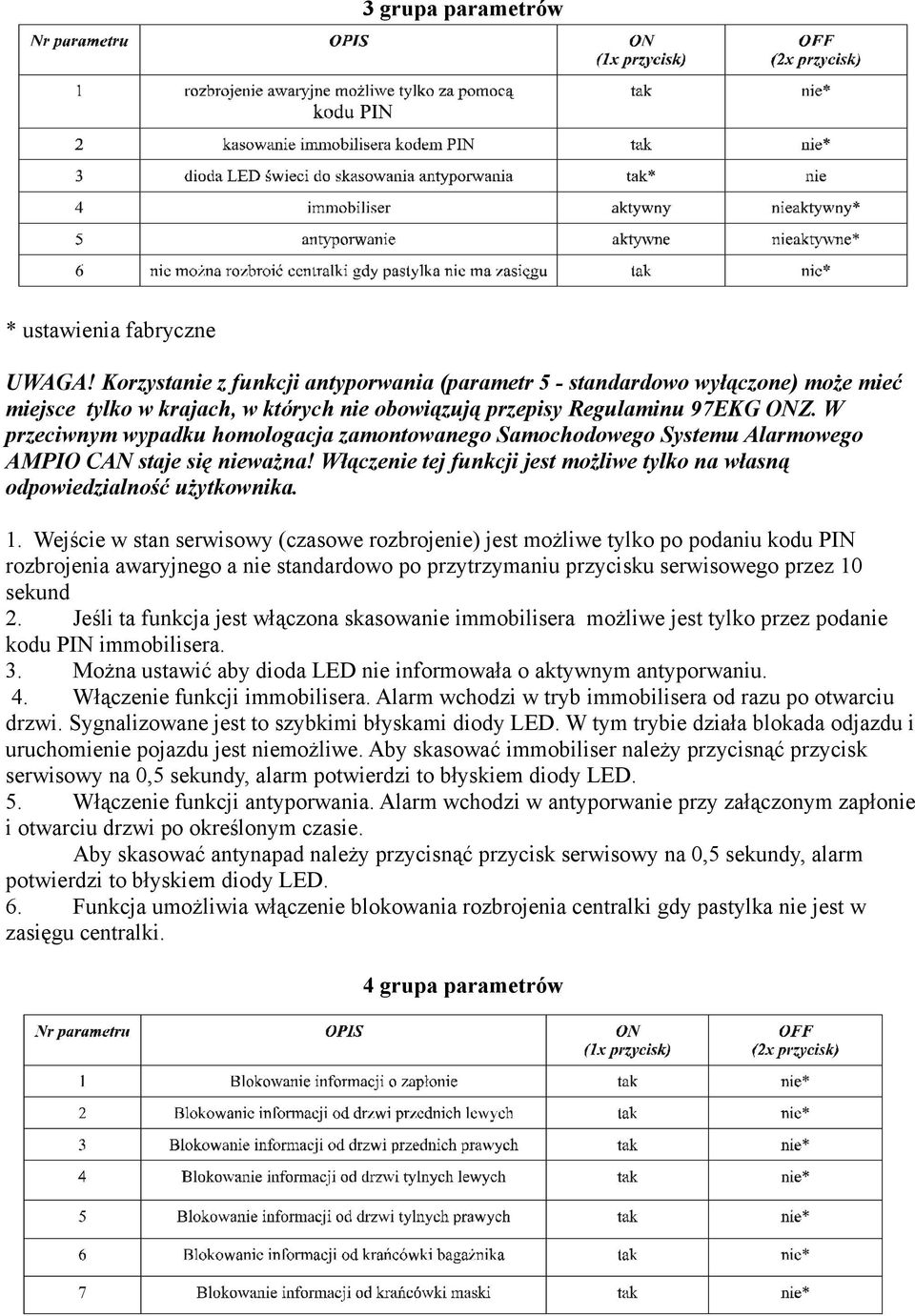 W przeciwnym wypadku homologacja zamontowanego Samochodowego Systemu Alarmowego AMPIO CAN staje się nieważna! Włączenie tej funkcji jest możliwe tylko na własną odpowiedzialność użytkownika. 1.