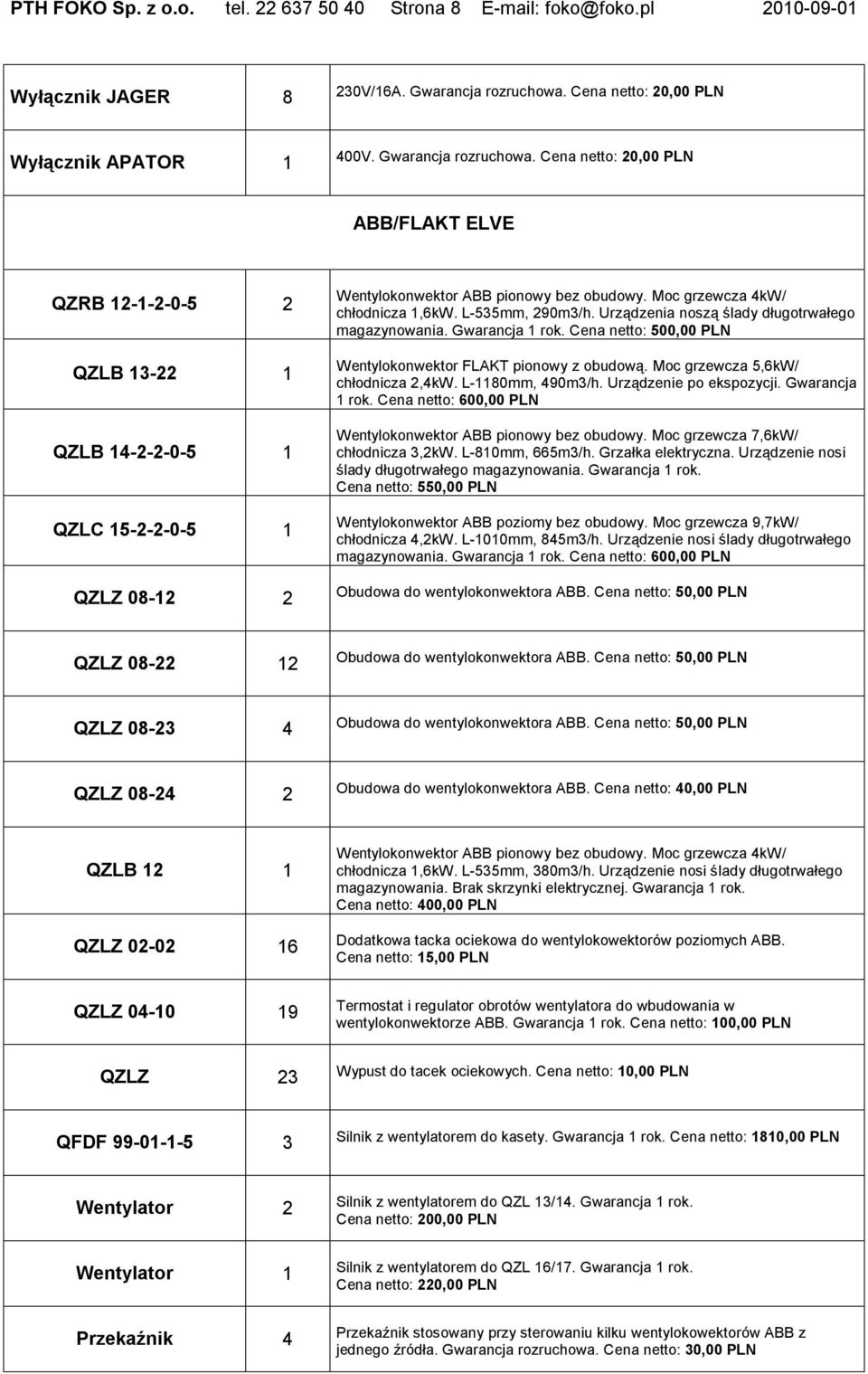 Cena netto: 20,00 PLN ABB/FLAKT ELVE QZRB 12-1-2-0-5 2 QZLB 13-22 1 QZLB 14-2-2-0-5 1 QZLC 15-2-2-0-5 1 QZLZ 08-12 2 Wentylokonwektor ABB pionowy bez obudowy. Moc grzewcza 4kW/ chłodnicza 1,6kW.