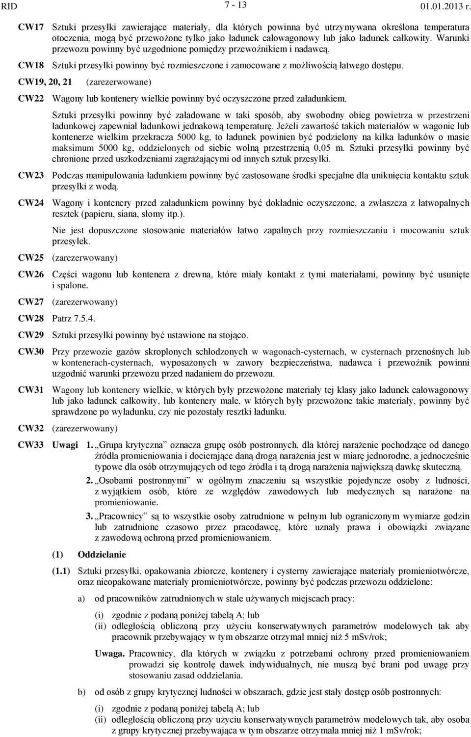 CW9, 20, 2 (zarezerwowane) CW22 Wagony lub kontenery wielkie powinny być oczyszczone przed załadunkiem.