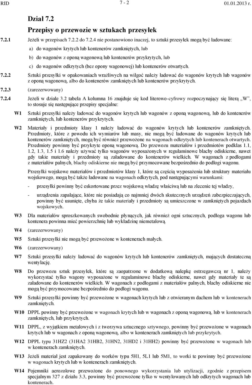 Przepisy o przewozie w sztukach przesyłek 7.2.