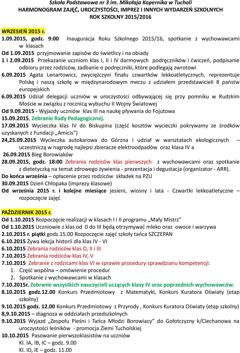 2015 przyjmowanie zapisów do świetlicy i na obiady 1 i 2.09.