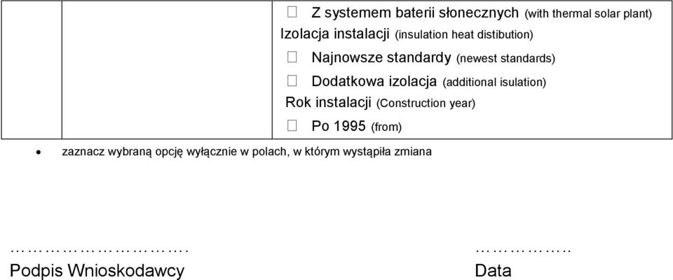izolacja (additional isulation) Rok instalacji (Construction year) Po 1995 (from)