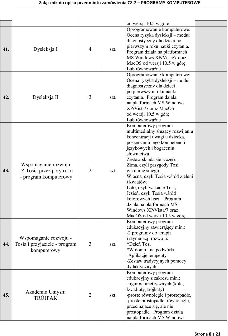 3 szt. 2 szt.. Oprogramowanie komputerowe: Ocena ryzyka dysleksji moduł diagnostyczny dla dzieci po pierwszym roku nauki czytania. Program działa na platformach MS Windows XP/Vista/7 oraz MacOS.