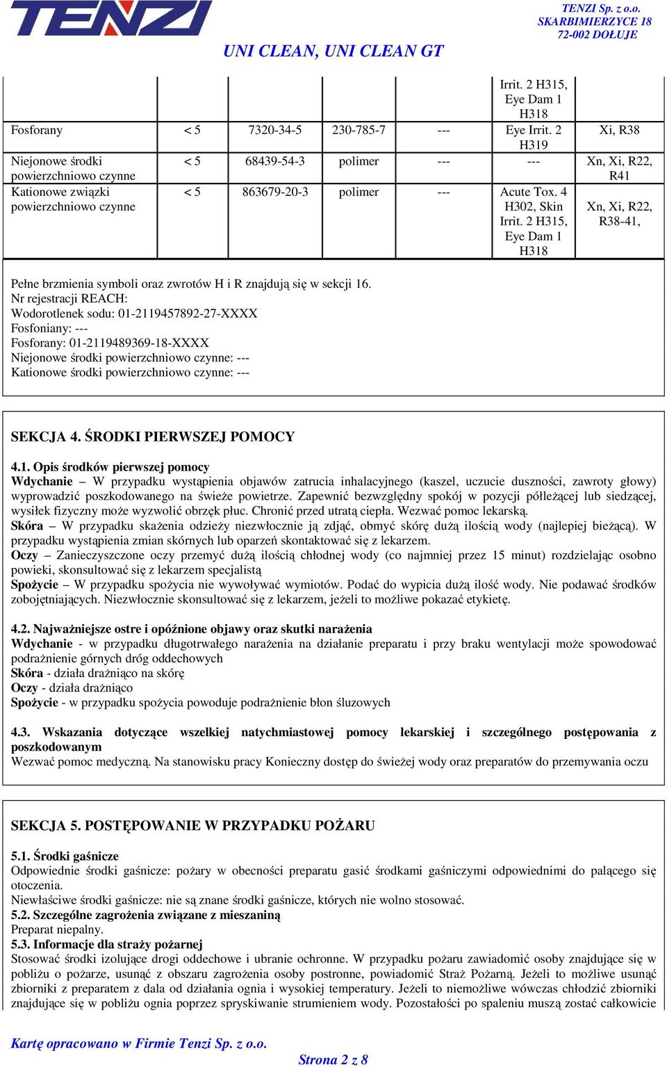 2 H315, Eye Dam 1 H318 Pełne brzmienia symboli oraz zwrotów H i R znajdują się w sekcji 16.