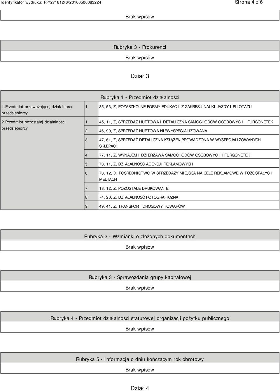 2 46, 90, Z, SPRZEDAŻ HURTOWA WYSPECJALIZOWANA 3 47, 61, Z, SPRZEDAŻ DETALICZNA KSIĄŻEK PROWADZONA W WYSPECJALIZOWANYCH SKLEPACH 4 77, 11, Z, WYNAJEM I DZIERŻAWA SAMOCHODÓW OSOBOWYCH I FURGONETEK 5