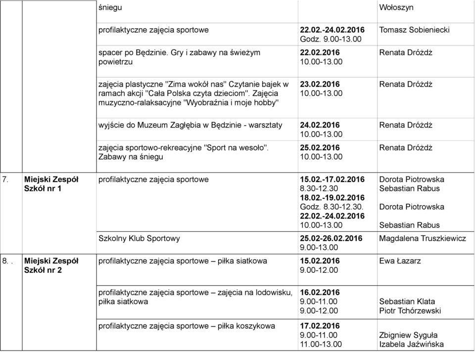 Miejski Zespół Szkół nr 1 8.. Miejski Zespół Szkół nr 2 profilaktyczne zajęcia sportowe 15.02.-17.02.2016 8.30-12.30 18.02.-19.02.2016 Godz. 8.30-12.30. 22.02.-24.02.2016 Szkolny Klub Sportowy 25.