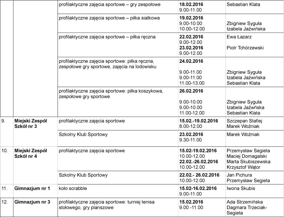 02.2016 11.00-12.00 profilaktyczne zajęcia sportowe 15.02.-19.02.2016 8.00-12.00 Szkolny Klub Sportowy 23.02.2016 9.30-11.