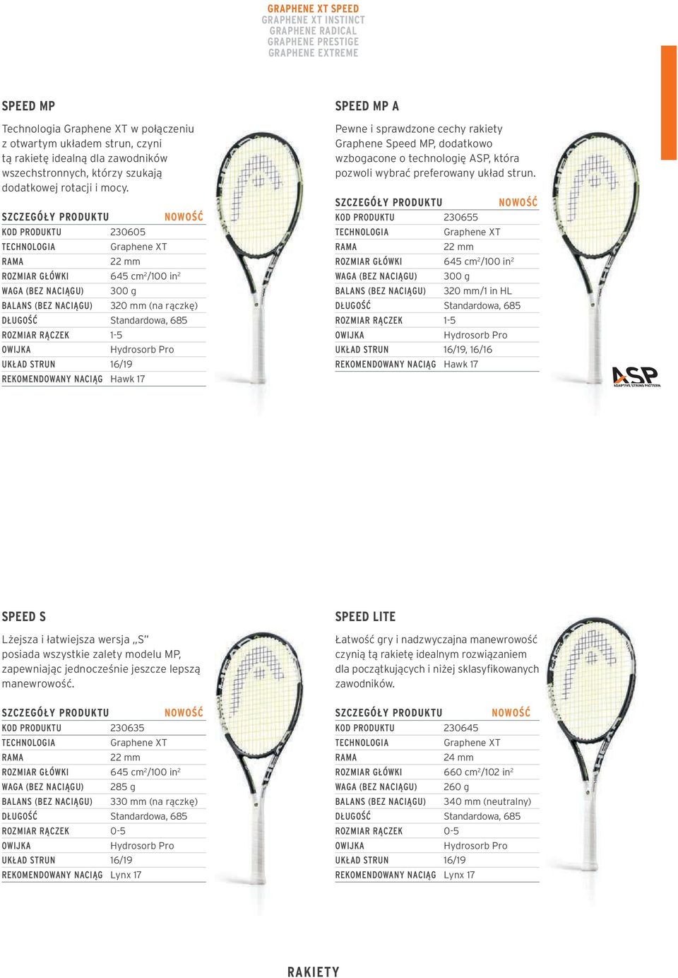 KOD PRODUKTU 230605 TECHNOLOGIA RAMA Graphene XT 22 mm ROZMIAR GŁÓWKI 645 cm 2 /100 in 2 WAGA (BEZ NACIĄGU) BALANS (BEZ NACIĄGU) 300 g NOWOŚĆ 320 mm (na rączkę) DŁUGOŚĆ Standardowa, 685 ROZMIAR