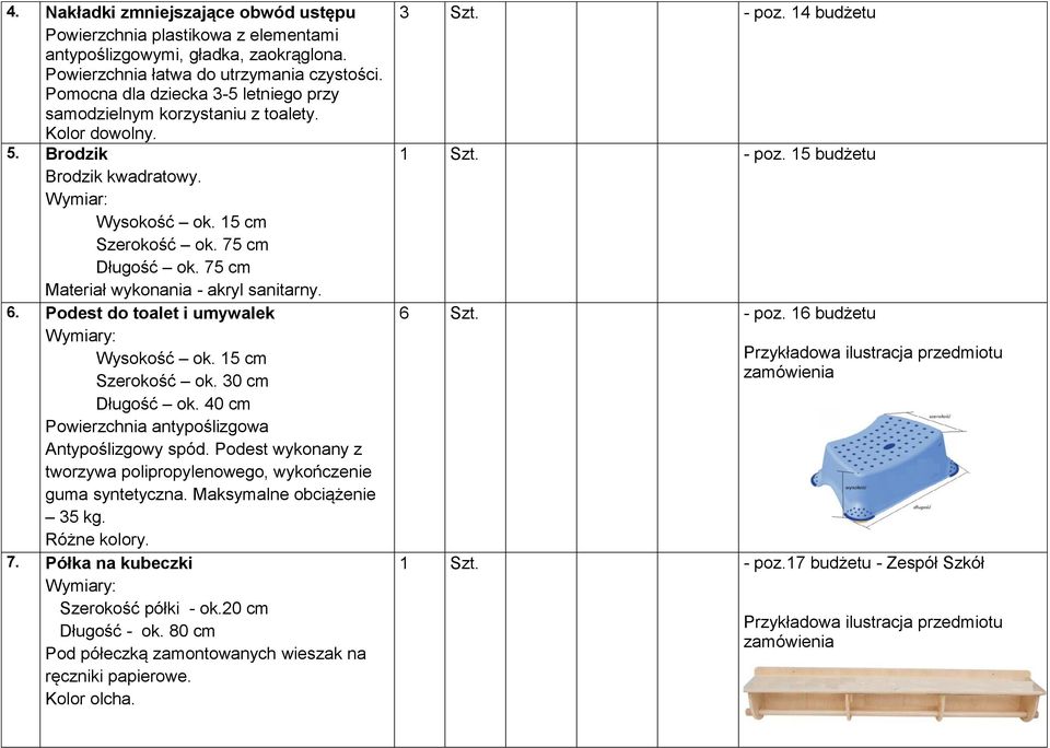 75 cm Materiał wykonania - akryl sanitarny. 6. Podest do toalet i umywalek Wysokość ok. 15 cm Szerokość ok. 30 cm Długość ok. 40 cm Powierzchnia antypoślizgowa Antypoślizgowy spód.