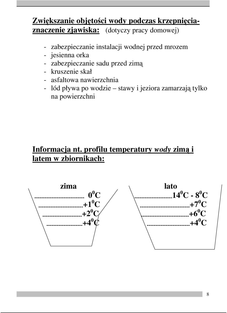 profilu temperatury wody zimą i latem w zbiornikach: zima lato ----------------------------- 0 0 C --------------------------+1 0 C ----------------------14 0