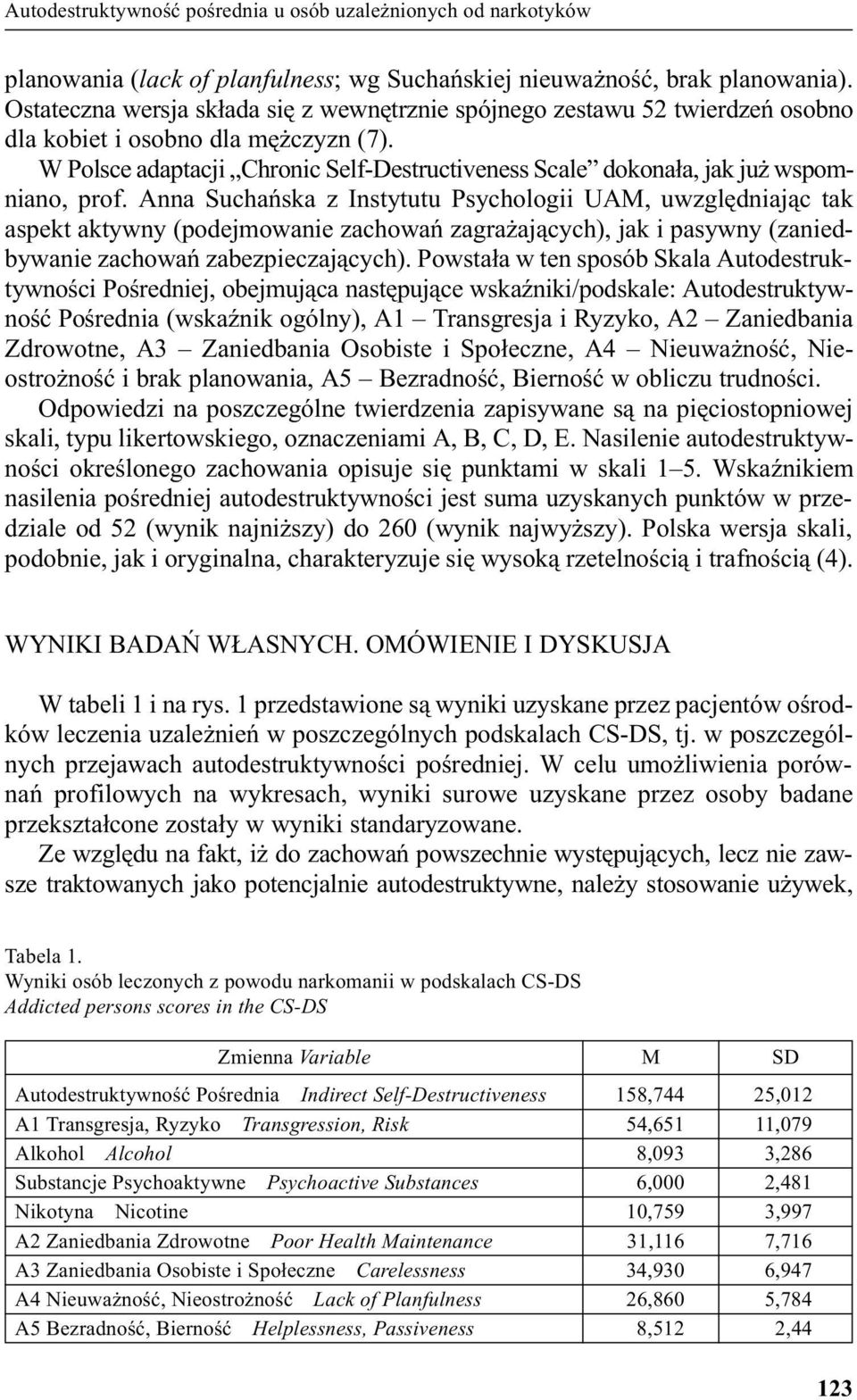 W Polsce adaptacji Chronic Self-Destructiveness Scale dokona³a, jak ju wspomniano, prof.